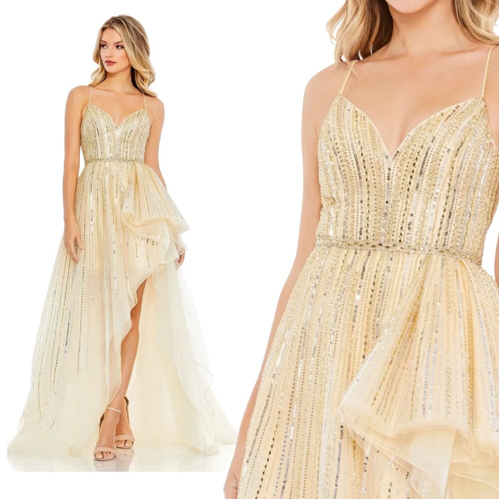 Mac Duggal 70124 Size 2 Butter Yellow Tulle Gold Silver‎ Sequin Jewel Gown Dress